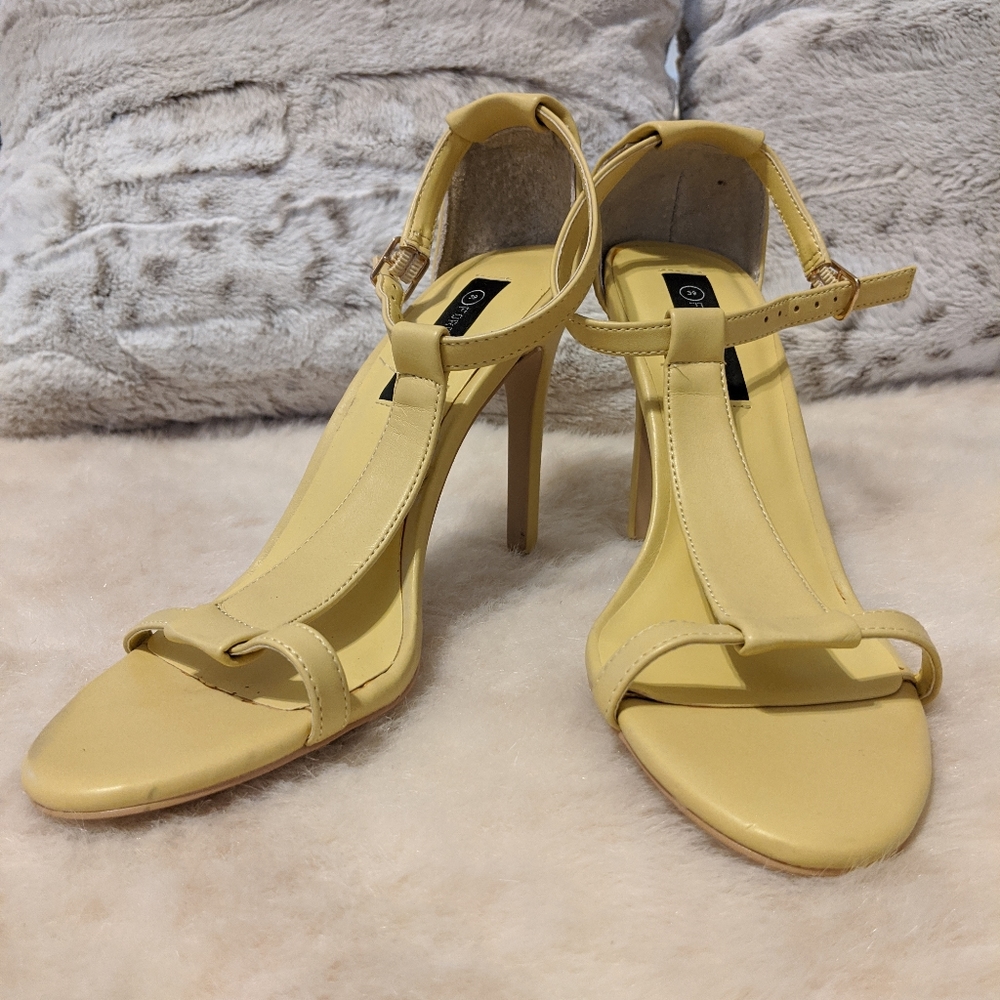 lime yellow leather strappy stiletto heel sandals
